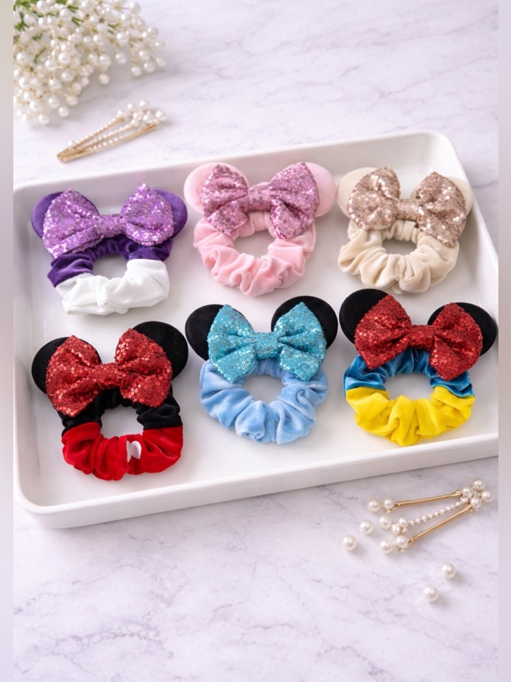 DISNEY Princess' Mickey Ears Hair Scrunchies Set of 6 - SEQUIN and VELVET